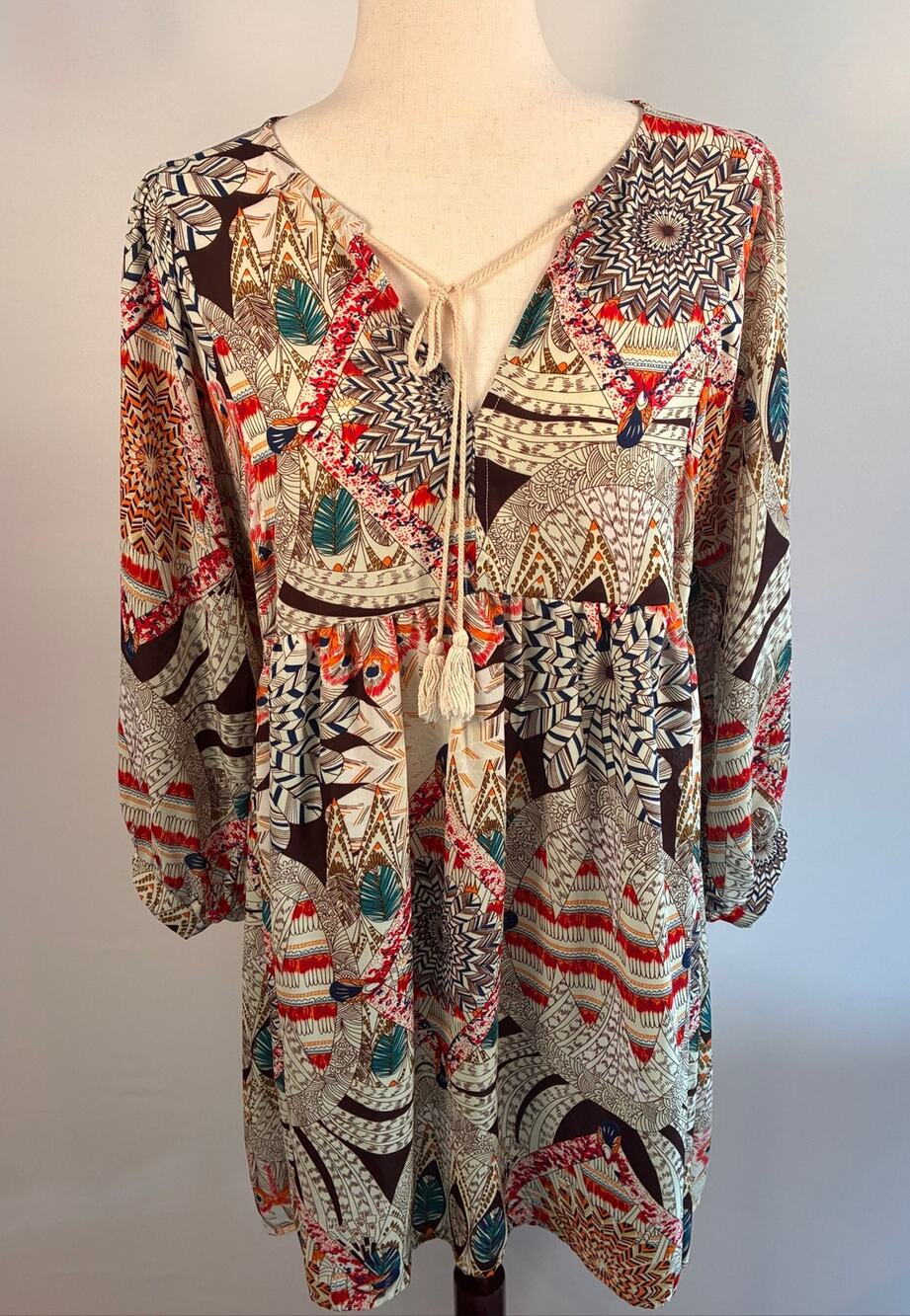 Umgee USA L Peacock Tribal Print Boho Babydoll Dress Tassel Tie